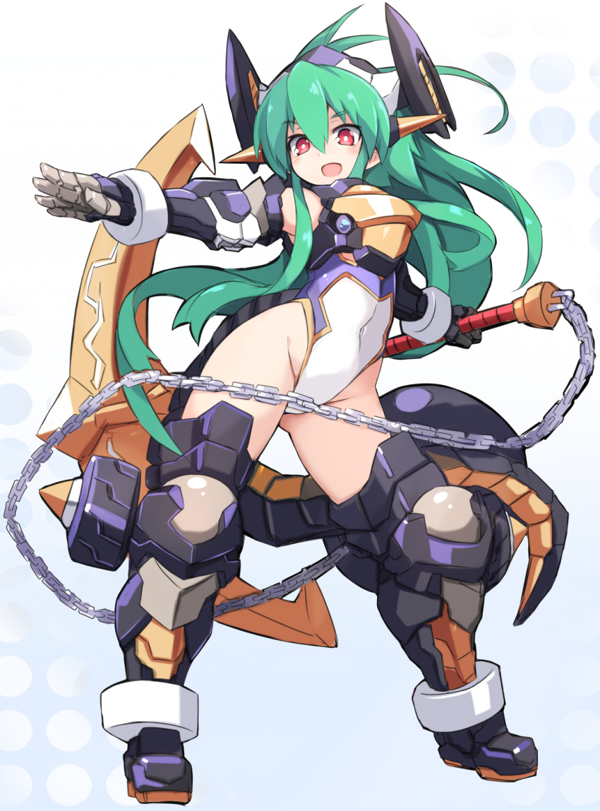 :d blue_background blush chains commentary_request covered_navel female full_body gradient_background green_hair groin hair_between_eyes headgear highres holding karukan_(monjya) leotard long_hair looking_at_viewer mecha_musume open_mouth outstretched_arm red_eyes shinrabanshou shizuku_(shinrabanshou) smile solo spikes standing very_long_hair white_background white_leotard