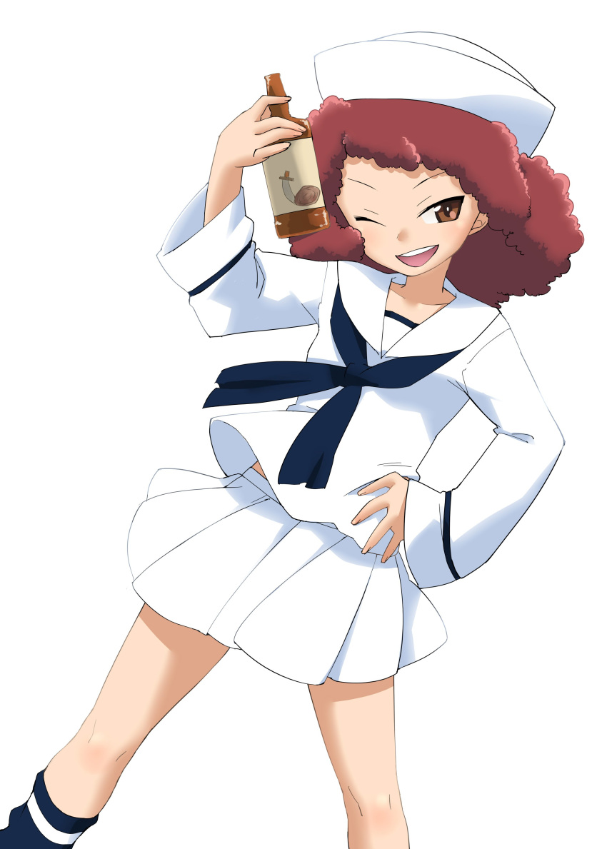 absurdres beer_bottle blouse bottle commentary_request curly_hair dixie_cup_hat dutch_angle female girls_und_panzer hamahara_yoshio hand_on_hip hat head_tilt highres holding holding_bottle long_sleeves looking_at_viewer military_hat miniskirt navy_blue_legwear navy_blue_neckwear neckerchief one_eye_closed ooarai_naval_school_uniform open_mouth pleated_skirt print_legwear red_eyes red_hair rum_(girls_und_panzer) sailor sailor_collar school_uniform short_hair simple_background single_horizontal_stripe skirt smirk socks solo standing white_background white_blouse white_headwear