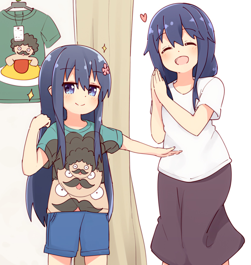 2girls ^_^ black_hair blue_eyes closed_eyes commentary doyagao higero_(wataten) highres long_hair manse mother_and_daughter multiple_girls shirosaki_hana shirosaki_haruka shirt short_shorts shorts smug t-shirt watashi_ni_tenshi_ga_maiorita!