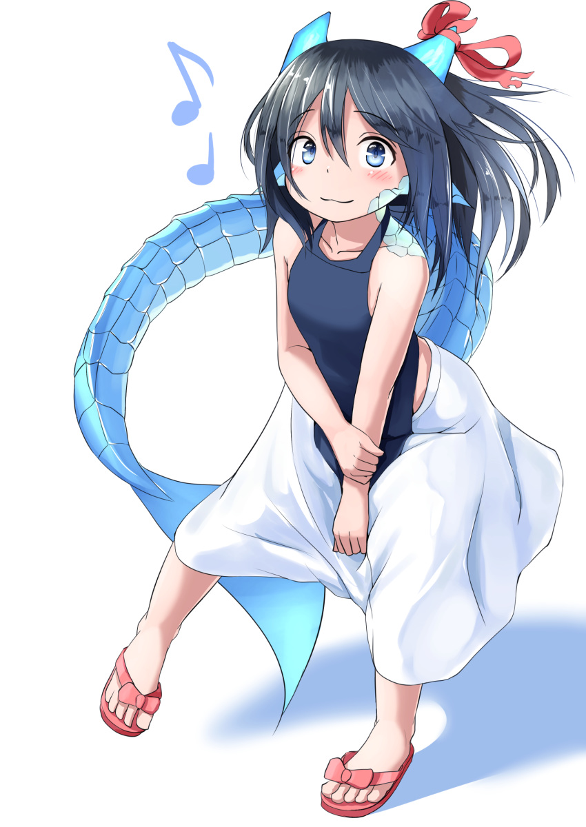 absurdres bare_arms bare_shoulders black_hair blue_eyes blue_tank_top blush closed_mouth collarbone commentary_request dragon_girl dragon_horns dragon_tail eighth_note female full_body hair_between_eyes highres horn_ornament horn_ribbon horns kagarimachi_konatsu leaf-chan long_hair looking_at_viewer musical_note original quarter_note red_footwear red_ribbon ribbon sandals scales shadow skirt smile solo standing standing_on_one_leg tail tank_top white_background white_skirt