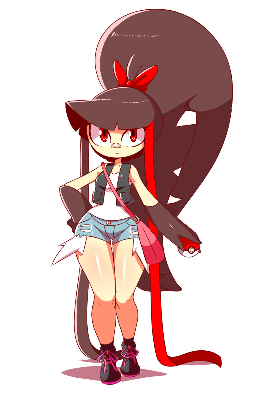 absurdres bag bandaid baseball_cap black_hair blunt_bangs boots bow commentary cosplay female full_body gaghiel_(diives) hairbow hand_on_own_hip hat highres hilda_(pokemon) hilda_(pokemon)_(cosplay) long_hair lucyfer mawile messenger_bag monster_girl multicolored_hair poke_ball pokemon red_bow red_eyes sharp_teeth shoelaces short_shorts shorts shoulder_bag sidelocks simple_background sleeveless solo standing streaked_hair teeth very_long_hair vest white_background