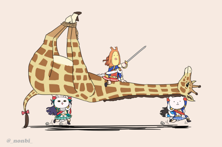 3girls aijou_karen black_hair blue_hair boots brown_hair carrying_overhead commentary giraffe giraffe_(revue_starlight) jacket jacket_on_shoulders kagura_hikari long_hair mask miniskirt multiple_girls nonbi pleated_skirt riding running saber_(weapon) shoujo_kageki_revue_starlight simple_background skirt sword tsuyuzaki_mahiru two_side_up weapon