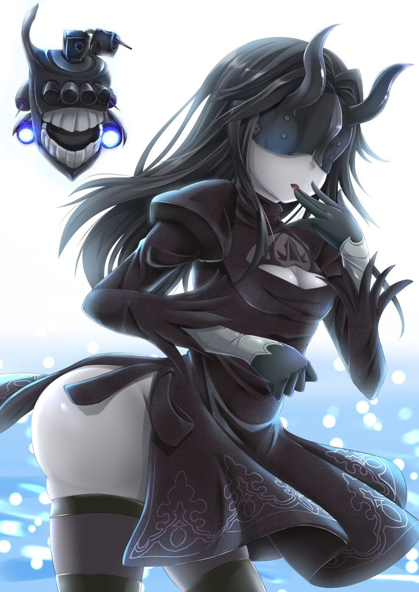 2b_(nier:automata) 2b_(nier:automata)_(cosplay) abyssal_ship ass black_blindfold black_dress black_footwear black_gloves black_hair black_thighhighs blindfold boots breasts cleavage commentary_request cosplay dress female gloves highres horns kantai_collection kirimori_toya light_cruiser_princess long_hair long_sleeves medium_breasts nier:automata nier_(series) pod_(nier:automata) pod_(nier:automata)_(cosplay) puffy_long_sleeves puffy_sleeves shiny_skin side_slit silver_skin solo thigh_boots thighhighs thighhighs_under_boots vambraces