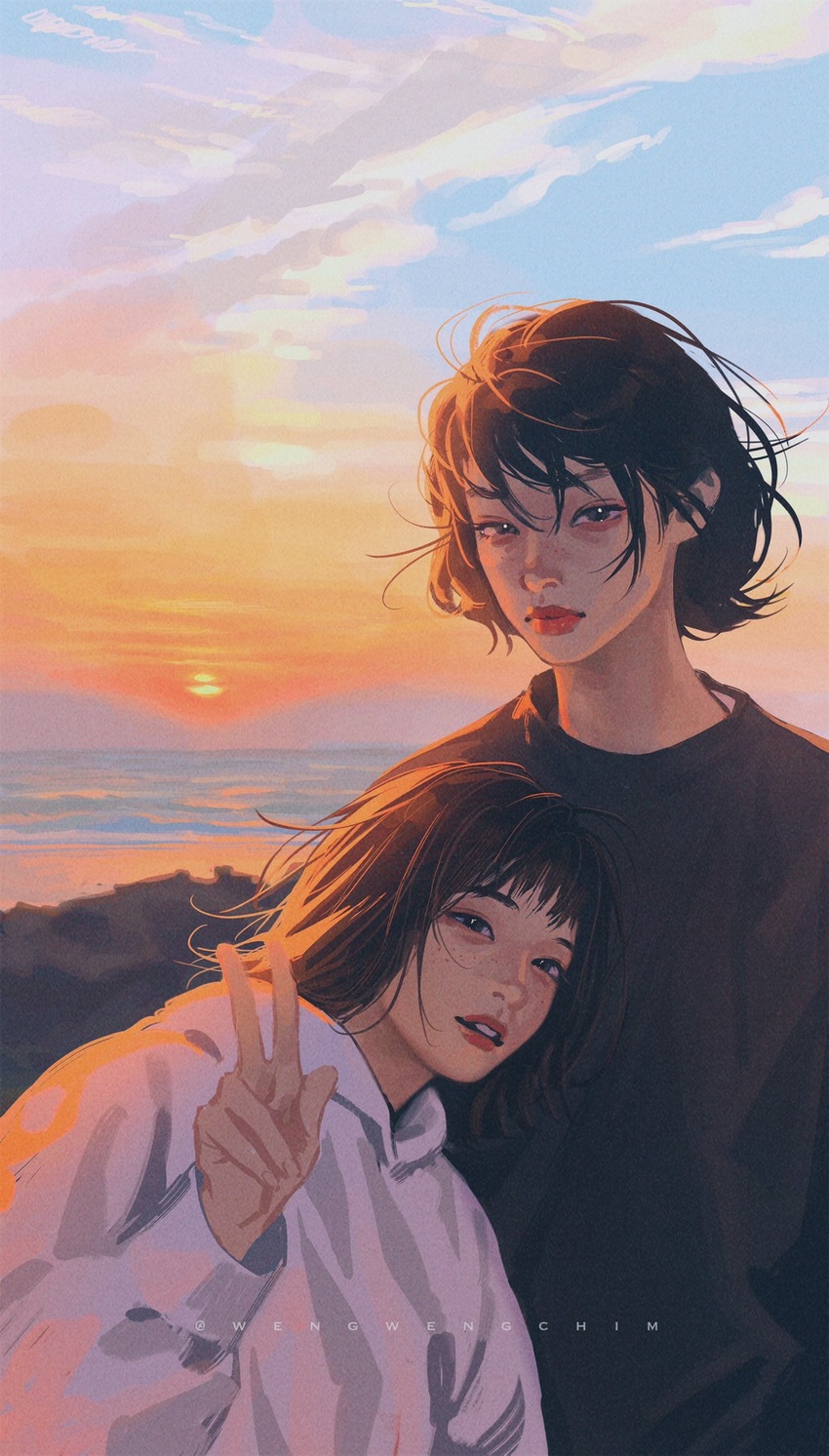 2girls beach black_hair black_sweater brown_hair closed_mouth commentary half-closed_eyes highres hood hood_down hoodie ji-yeong kang_sae-byeok korean_commentary long_sleeves looking_at_viewer medium_hair messy_hair multiple_girls short_hair smile squid_game sunset sweater twitter_username upper_body v water wengwengchim white_hoodie