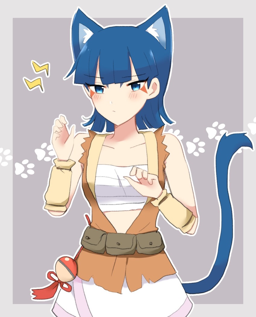 animal_ear_fluff animal_ears arm_warmers blue_eyes blue_hair blunt_bangs blush border brown_bag brown_vest cat_ears cat_girl cat_tail coin_(pokemon) collarbone commentary_request facial_mark female grey_background highres medium_hair ohn_pkmn outline paw_print poke_ball poke_ball_(legends) pokemon pokemon_legends:_arceus pouch skirt solo tail vest white_border white_skirt