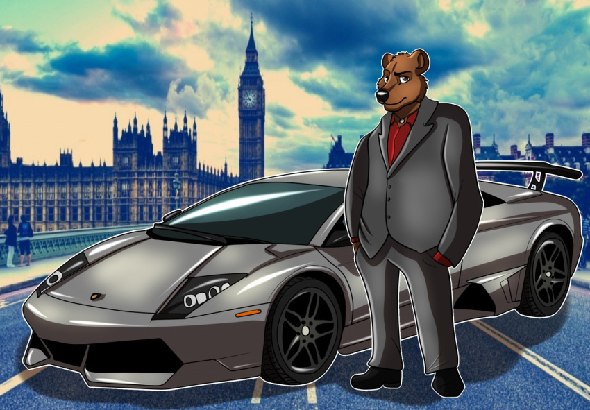 2018 anthro bear big_ben black_clothing black_footwear black_nose black_shoes black_suit brown_body brown_eyes brown_fur car clothing cloud cloudy_(disambiguation) footwear fur grey_car jewelry lamborghini lamborghini_murcielago landmark london male mammal necklace overweight overweight_male palace_of_westminster photo_background photography_(artwork) red_clothing red_shirt red_topwear shirt shoes sinister-jordex solo spoiler spoiler_(car) standing suit supercar topwear united_kingdom vehicle