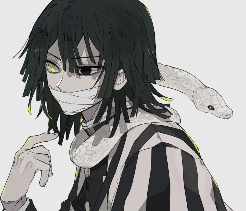 1boy animal_around_neck black_eyes black_hair commentary covered_mouth demon_slayer_uniform ebanoniwa from_side heterochromia iguro_obanai kaburamaru kimetsu_no_yaiba long_sleeves male_focus medium_hair simple_background snake upper_body white_background white_snake yellow_eyes