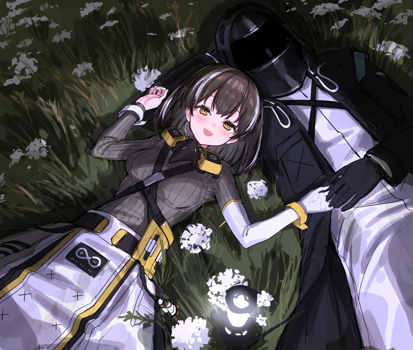 1other arknights bird_mask black_coat black_gloves blush breasts brown_hair cameo charm_(object) clothes_around_waist coat commentary covered_face cowboy_shot doctor_(arknights) earrings emperor_(arknights) female flower from_above gloves grass grey_sweater happy highres holding_hands hood hood_up hooded_coat jewelry lantern long_sleeves looking_at_viewer lying magallan_(arknights) magallan_(elite_ii)_(arknights) mask mask_around_neck medium_breasts multicolored_hair night on_back open_mouth outdoors rhine_lab_logo ribbed_sweater short_hair sigm@ single_earring single_glove smile strap streaked_hair sweater symbol-only_commentary turtleneck turtleneck_sweater two-tone_hair white_gloves white_hair wristband yellow_eyes