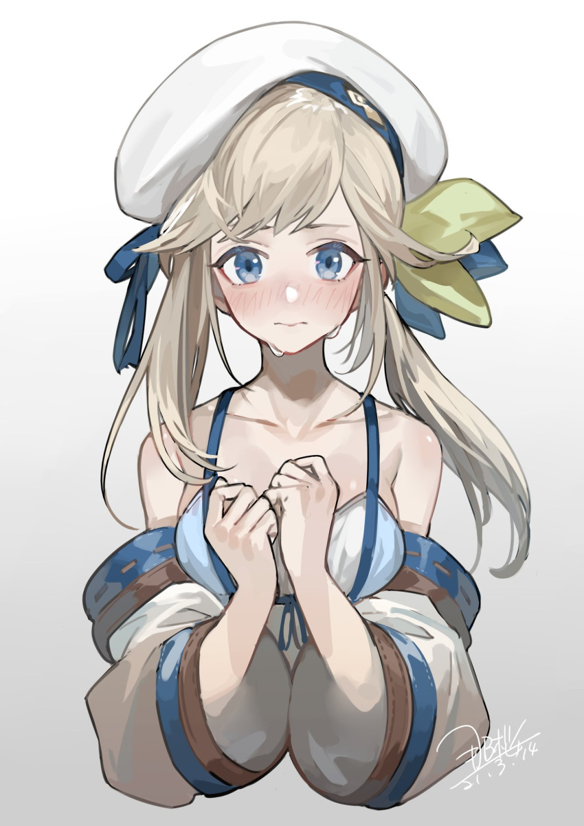 beret blonde_hair blue_eyes blush collarbone cropped_torso cucouroux_(granblue_fantasy) dated female gradient_background granblue_fantasy hat highres looking_at_viewer nao_(syn_eaa) off_shoulder signature solo twintails upper_body wide_sleeves