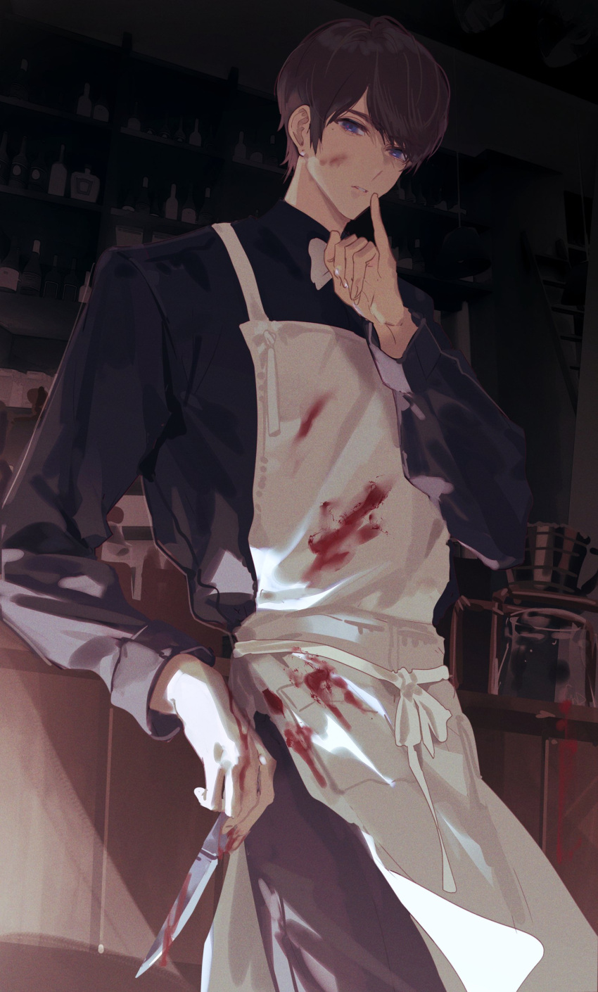 1boy absurdres animification apron avataro_sentai_donbrothers black_pants black_shirt blood blood_on_face blood_on_hands blood_on_knife blue_eyes bow bowtie cafe coffee coffee_pot counter doran_(doran7280) earrings goshikida_kaito highres jewelry knife male_focus pants shelf shirt short_hair solo stud_earrings sunlight super_sentai white_bow white_bowtie