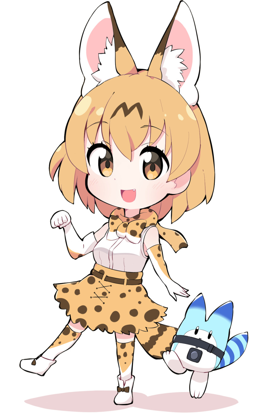 :d animal_ears blush bow bowtie chibi commentary elbow_gloves female gloves highres kemono_friends looking_at_viewer lucky_beast_(kemono_friends) oerba_yun_fang open_mouth orange_bow orange_bowtie orange_eyes orange_hair orange_skirt over-kneehighs print_bow print_bowtie serval_(kemono_friends) serval_print short_hair skirt smile tail takom thighhighs traditional_bowtie two-tone_bowtie white_bow white_bowtie