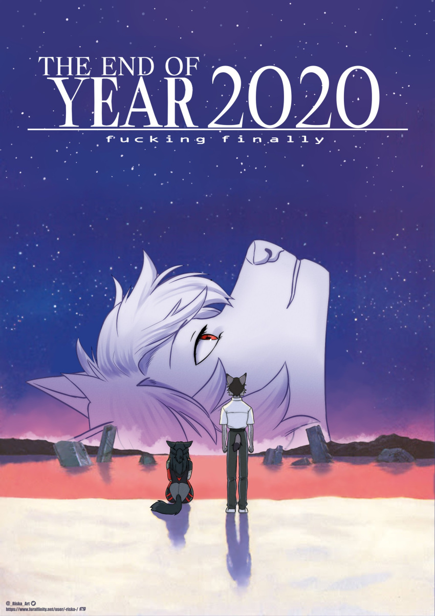 2020 absurd_res ambiguous_gender anthro asuka_langley_soryu beach brook_freeman canid canine english_text felid feline female group hi_res holidays landscape lewis_(cyberfoxtrot) male mammal movie_reference neon_genesis_evangelion new_year night profanity red_eyes rei_ayanami riska_(artist) seaside shinji_ikari sitting standing star text water