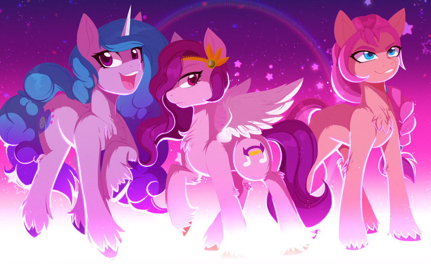 2021 absurd_res blue_eyes blue_hair blue_mane blue_tail chest_tuft cutie_mark digital_media_(artwork) earth_pony equid equine eyelashes feathered_wings feathers female feral fluffy fur gaiki group hair hasbro hi_res hooves horn horse izzy_moonbow_(mlp) leg_tuft mammal mane mlp_g5 multicolored_hair my_little_pony mythological_creature mythological_equine mythology open_mouth orange_body orange_fur pegasus pink_body pink_feathers pink_fur pink_hair pink_mane pink_tail pipp_petals_(mlp) pony purple_body purple_eyes purple_fur purple_hair purple_mane purple_tail smile sunny_starscout_(mlp) tail tongue trio tuft unicorn wings