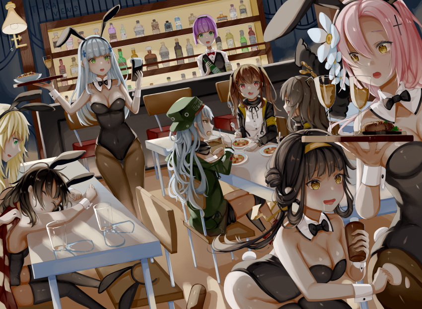 404_(girls'_frontline) 6+girls :d absurdres animal_ears armband armpits arno_(ft3014) aug_(girls'_frontline) backwards_hat bad_id bad_pixiv_id bar_(place) bare_arms bare_shoulders bent_over black_hair black_jacket black_leotard black_pantyhose black_thighhighs blonde_hair bow bowtie breasts brown_hair brown_legwear c-ms_(girls'_frontline) carcano_m91/38_(girls'_frontline) chair cleavage closed_eyes commentary_request covered_navel cross_hair_ornament cup detached_collar drinking_glass drooling fake_animal_ears food g11_(girls'_frontline) girls'_frontline green_eyes green_headwear green_jacket grey_hair groin hair_ornament hairband hat highres hk416_(girls'_frontline) jacket large_breasts leotard medium_breasts messy_hair multiple_girls open_mouth pantyhose parted_lips pink_hair playboy_bunny purple_hair qbu-88_(girls'_frontline) rabbit_ears rabbit_tail red_eyes s.a.t.8_(girls'_frontline) shirt short_shorts shorts sitting skindentation sleeping smile strapless strapless_leotard table tail thighhighs thighs torn_clothes torn_pantyhose twintails ump45_(girls'_frontline) ump9_(girls'_frontline) unworn_hairband waitress white_shirt wrist_cuffs yellow_armband yellow_eyes