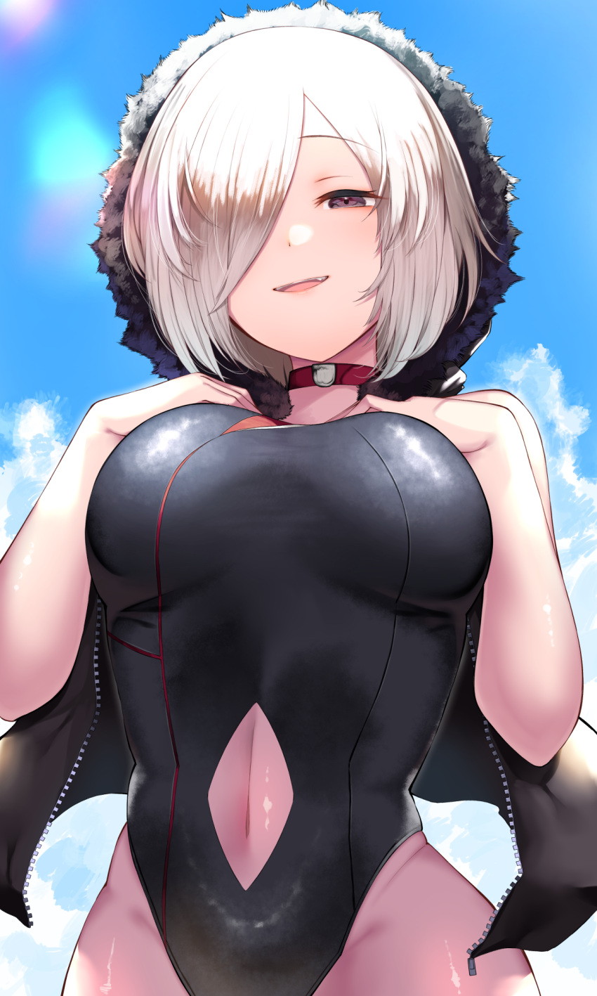 bare_arms bare_shoulders black_eyes black_one-piece_swimsuit breasts cape choker clothing_cutout cowboy_shot female hair_over_one_eye hands_on_own_chest hands_up highleg highleg_swimsuit highres hood hooded_cape large_breasts navel navel_cutout oerba_yun_fang one-piece_swimsuit open_mouth red_choker shadowverse shingeki_no_bahamut short_hair smile solo swimsuit white_hair wizardess_of_oz yamato_(muchuu_paradigm)