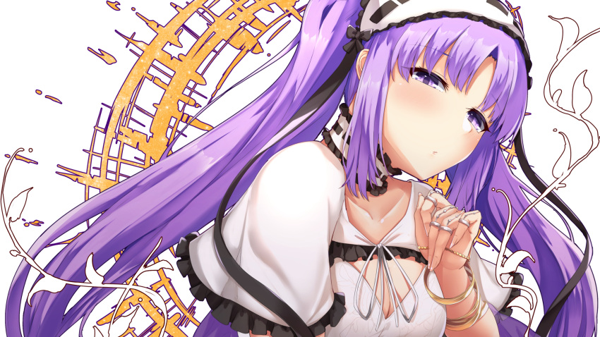 blush bracelet breasts dress fate/grand_order fate/hollow_ataraxia fate_(series) female hairband highres jewelry long_hair looking_at_viewer purple_eyes purple_hair ring sebire sidelocks small_breasts solo stheno_(fate) twintails upper_body very_long_hair white_dress