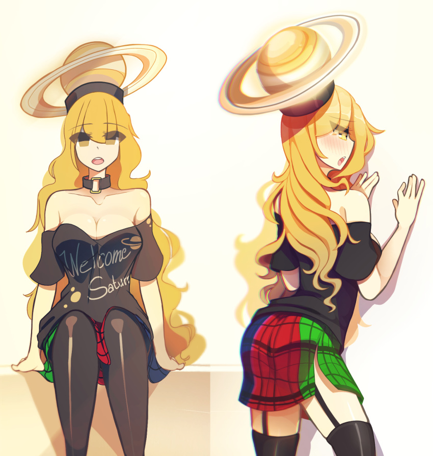 ass blonde_hair breasts choker cleavage english_text female garter_straps hand_on_wall hecatia_lapislazuli highres kaliningradg large_breasts leaning_forward long_hair multicolored_clothes multicolored_skirt off-shoulder_shirt off_shoulder plaid plaid_skirt saturn_(planet) shirt skirt thighhighs touhou very_long_hair yellow_eyes