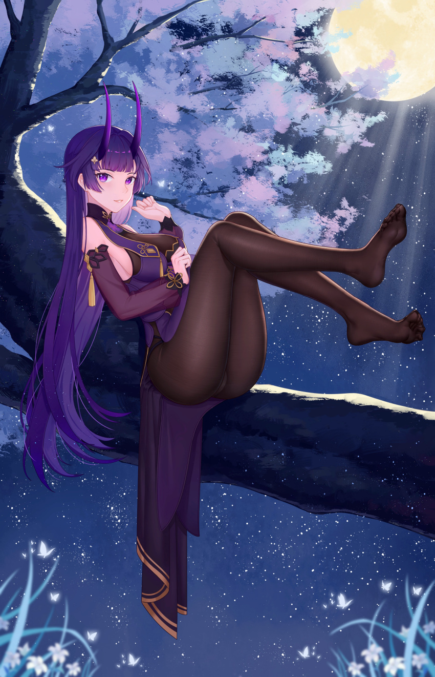 absurdres ass bare_shoulders black_pantyhose blunt_bangs bodystocking breasts bug butterfly cha_yan_guan_se chinese_commentary commentary_request detached_sleeves dress feet feet_up female full_body full_moon glowing_butterfly highres honkai_(series) honkai_impact_3rd horns in_tree legs legs_up long_hair long_sleeves lying medium_breasts moon moonbeam moonlight night night_sky no_shoes on_back outdoors pantyhose parted_lips purple_dress purple_eyes purple_hair raiden_mei raiden_mei_(herrscher_of_thunder) raiden_mei_(rainy_springtide)_(honkai_impact) see-through sky smile soles solo star_(sky) starry_sky straight_hair tassel toes tree very_long_hair