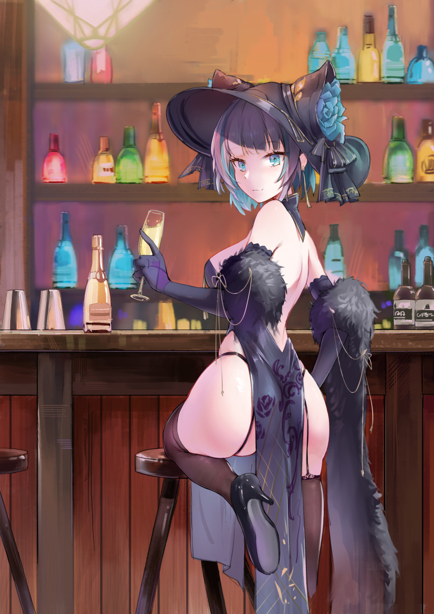 absurdres alcohol animal_ears ass azur_lane bar_(place) bare_shoulders black_footwear black_gloves black_hat blunt_bangs bottle breasts chair cheshire_(azur_lane) cheshire_(cait_sith_crooner)_(azur_lane) china_dress chinese_clothes chinese_commentary cleavage closed_mouth commentary_request cup dated dress drinking_glass elbow_gloves fake_animal_ears female fur_trim garter_straps gloves hat high_heels highres holding holding_cup indoors janload1ng knee_up large_breasts looking_at_viewer looking_back medium_breasts multicolored_hair official_alternate_costume pink_eyes purple_dress purple_gloves short_hair signature smile solo streaked_hair thighhighs two-tone_hair wine_glass