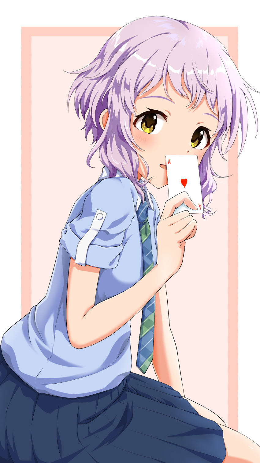 absurdres ace_(playing_card) ace_of_hearts blue_shirt blue_skirt blush card female heart highres holding holding_card idolmaster idolmaster_million_live! long_skirt looking_at_viewer makabe_mizuki nagmilk necktie playing_card pleated_skirt purple_hair shirt short_hair short_sleeves sidelocks simple_background sitting skirt smile solo wing_collar yellow_eyes