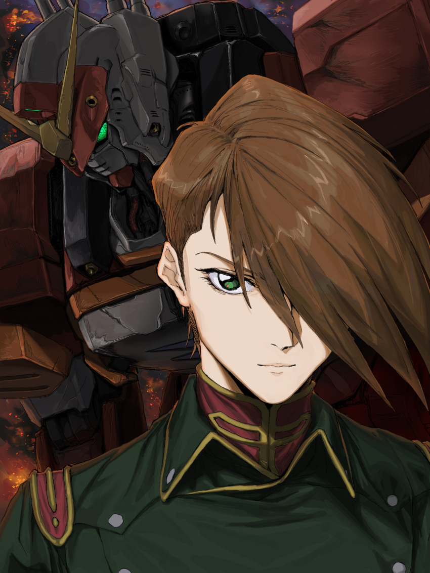 1boy bad_id bad_pixiv_id brown_hair green_jacket gundam gundam_heavyarms gundam_wing hair_behind_ear hair_over_one_eye highres jacket leaning_forward light_smile looking_at_viewer male_focus mecha military mobile_suit one_eye_covered orrdriver robot science_fiction trowa_barton v-fin