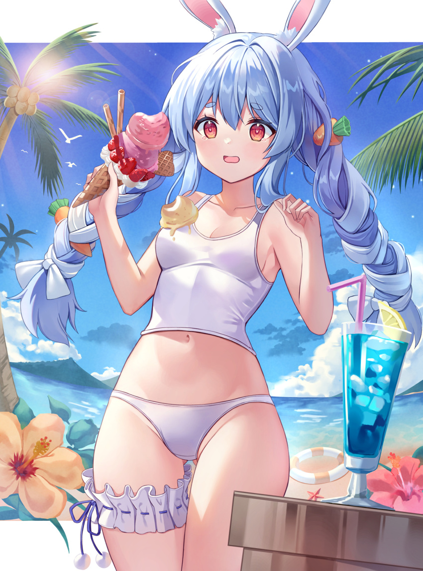 animal_ears bad_id bad_pixiv_id bare_arms beach bikini bikini_bottom_only blue_hair blue_sky braid breasts bridal_garter carrot_hair_ornament coconut_tree commentary cowboy_shot crop_top cup day drinking_glass drinking_straw female flower food food-themed_hair_ornament greenapple hair_between_eyes hair_ornament hair_ribbon hibiscus highres holding holding_food hololive ice_cream ice_cream_cone ice_cream_cone_spill long_hair medium_breasts midriff navel outdoors palm_tree pink_flower rabbit_ears red_eyes ribbon shirt sky solo standing swimsuit tearing_up thick_eyebrows thigh_gap tree twin_braids twintails usada_pekora very_long_hair virtual_youtuber white_bikini white_ribbon white_shirt yellow_flower