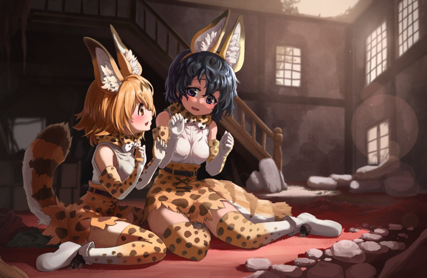 2girls animal_ear_fluff animal_ears bare_shoulders belt black_hair blonde_hair blue_eyes blush bow bowtie commentary_request curly_hair dress elbow_gloves extra_ears fake_animal_ears gloves high-waist_skirt highres kaban_(kemono_friends) kemono_friends looking_at_another md5_mismatch melaton miniskirt multiple_girls orange_bow orange_bowtie orange_eyes orange_gloves orange_skirt paint.net_(medium) print_bow print_bowtie print_gloves print_skirt print_thighhighs serval_(kemono_friends) serval_print shirt short_hair sitting skirt sleeveless sleeveless_shirt smile tail thighhighs traditional_bowtie two-tone_bowtie wariza white_bow white_bowtie white_footwear white_shirt zettai_ryouiki