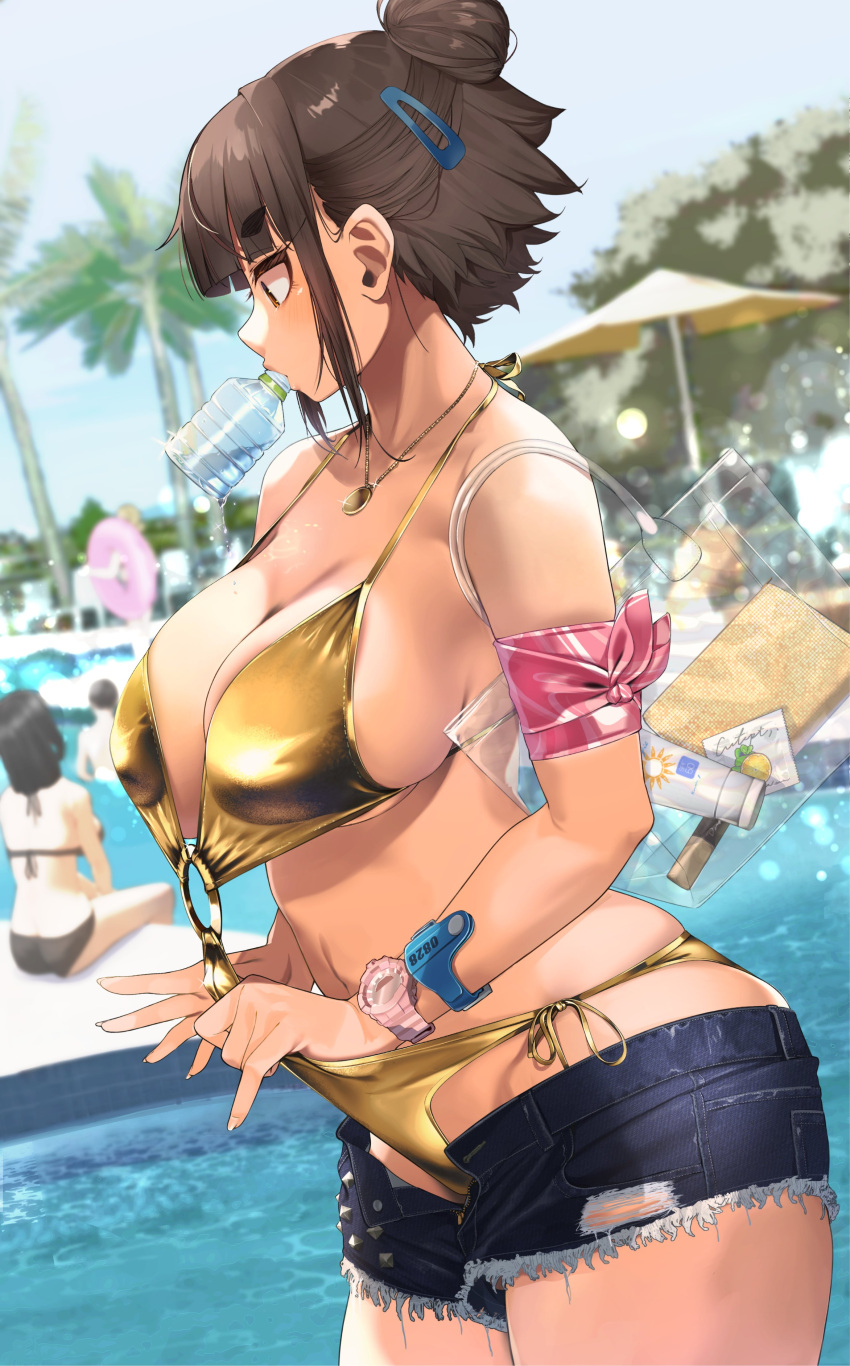 absurdres bikini blue_shorts blue_sky blurry blurry_background bottle breasts brown_eyes brown_hair cleavage commentary_request day denim denim_shorts female gold_bikini hair_ornament hairclip highres jewelry jovejun large_breasts mouth_hold necklace original outdoors pool short_hair shorts sidelocks sky solo_focus swimsuit thick_eyebrows thighs tsubomioka_happa watch