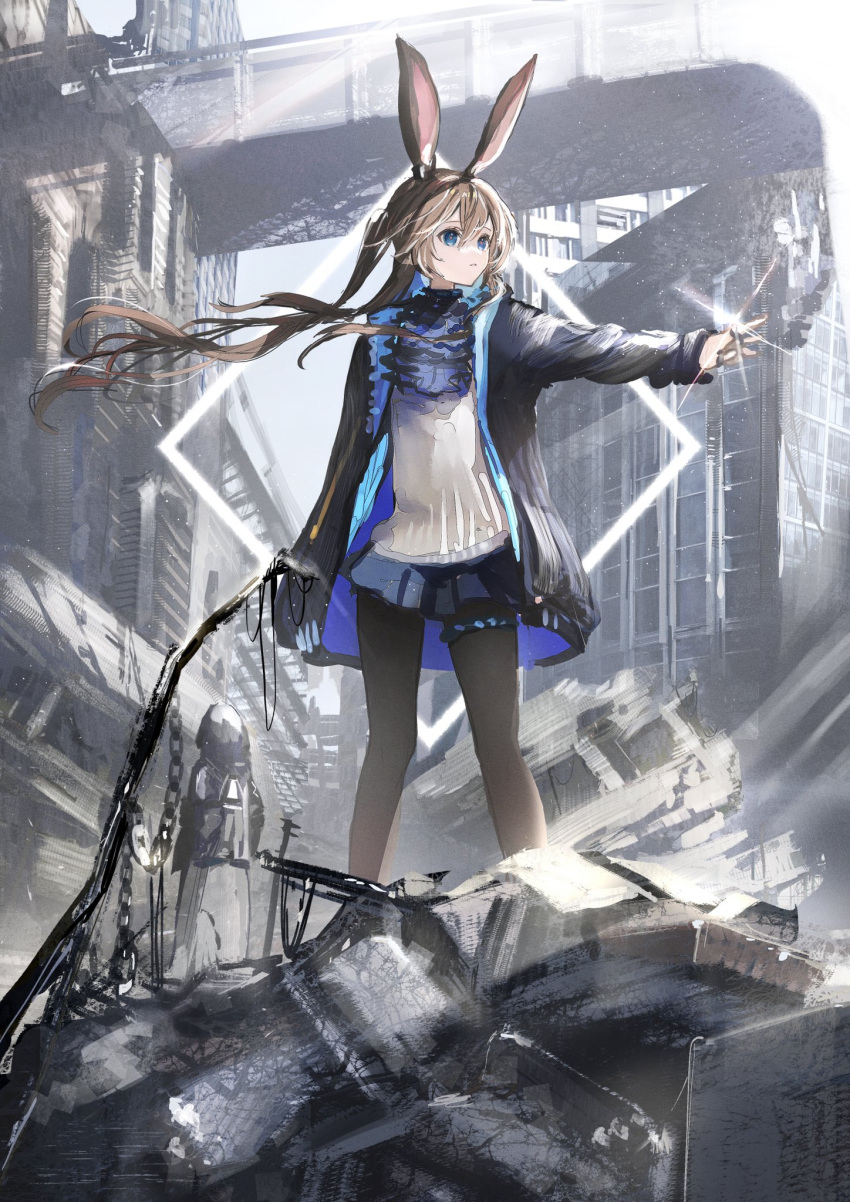 1other amiya_(arknights) animal_ears arknights ascot black_jacket black_legwear blue_ascot blue_eyes blue_skirt brown_hair building chains city commentary day doctor_(arknights) expressionless feet_out_of_frame female floating_hair gawako glint hair_between_eyes highres jacket jewelry light_rays long_hair miniskirt multiple_rings open_clothes open_jacket originium_arts_(arknights) outdoors outstretched_arm pantyhose parted_lips pleated_skirt rabbit_ears ring rubble ruins skirt skyscraper solo_focus standing sunlight sweater thighlet white_sweater