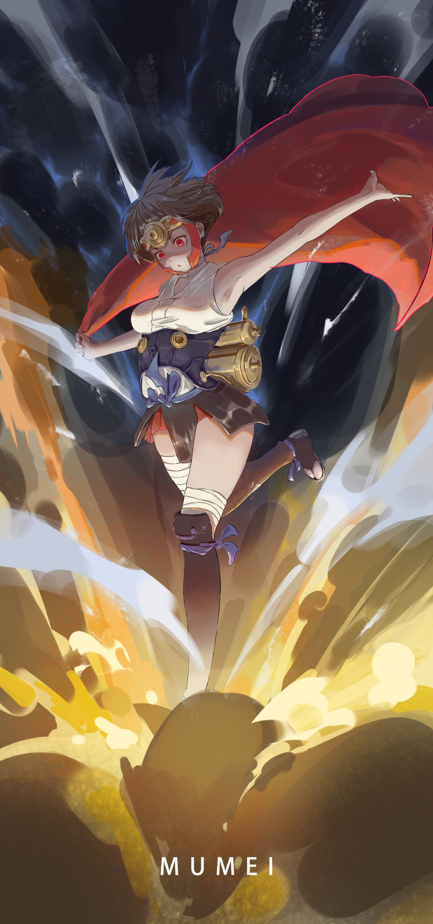 :o absurdres bandaged_leg bandages bingwei_huang breasts brown_hair character_name female headpiece highres koutetsujou_no_kabaneri medium_breasts miniskirt mumei_(kabaneri) red_eyes shin_guards short_hair skirt solo thighs