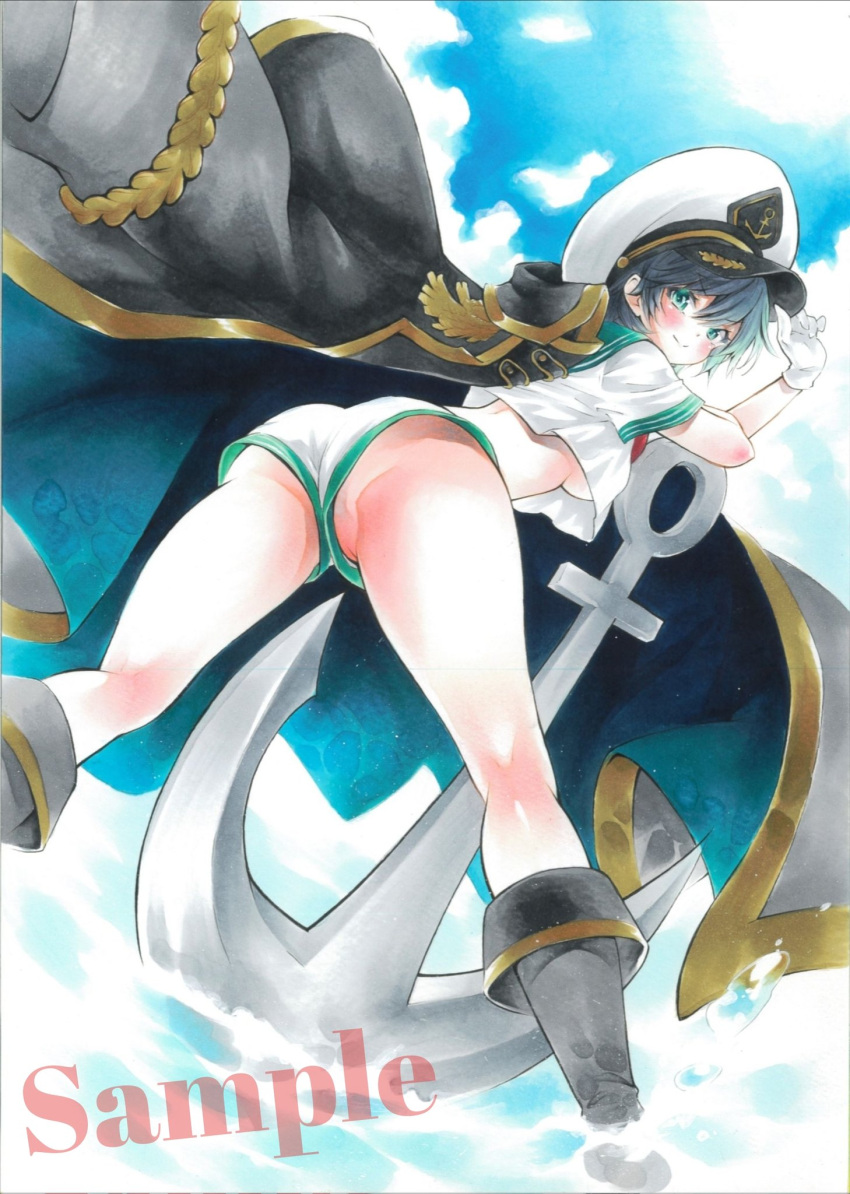 anchor anchor_symbol arim0k0 black_cape black_footwear black_hair blue_sky breasts cape closed_mouth cloud commentary corrupted_twitter_file female from_behind green_eyes hat highres looking_at_viewer looking_back medium_breasts murasa_minamitsu no_bra no_panties outdoors sailor sailor_hat sample_watermark shirt shorts sky smile solo sunken_fossil_world touhou traditional_media wading watermark white_shirt white_shorts