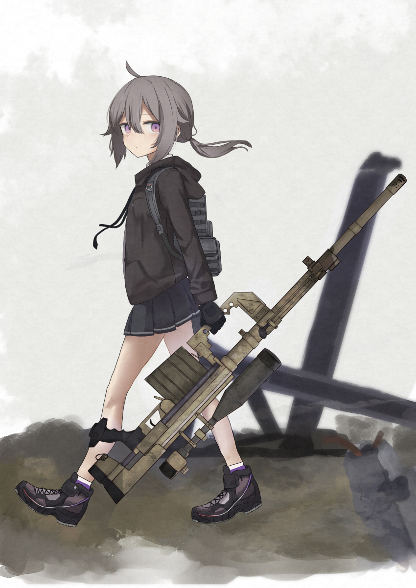 absurdres backpack bag bipod black_footwear black_skirt bolt_action boots cheytac_m200 collared_shirt female full_body girls'_frontline gloves grey_hair gun highres jacket long_sleeves low_ponytail m200_(girls'_frontline) miniskirt open_clothes open_jacket pleated_skirt purple_eyes rifle scope shirt skirt sniper_rifle socks solo suzubotan walking weapon