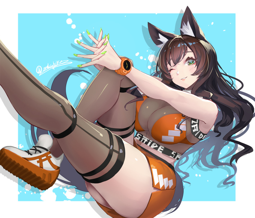 animal_ears artist_name bad_id bad_twitter_id black_hair black_thighhighs blush breasts cleavage female fox_ears green_eyes green_nails large_breasts long_hair looking_at_viewer multicolored_footwear navel one_eye_closed orange_footwear original own_hands_clasped own_hands_together parted_bangs sakuhiko shoes smile sneakers solo swept_bangs thighhighs twitter_username very_long_hair watch wavy_hair white_footwear wristwatch