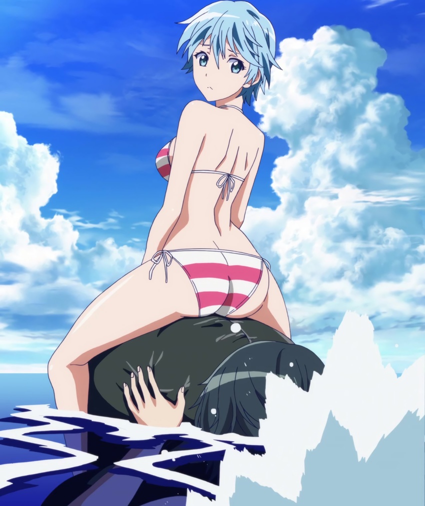 akitsuki_fuuka artist_request bikini blue_eyes blue_hair breasts female fuuka highres looking_at_viewer short_hair side-tie_bikini_bottom smile source_request striped_bikini striped_clothes swimsuit