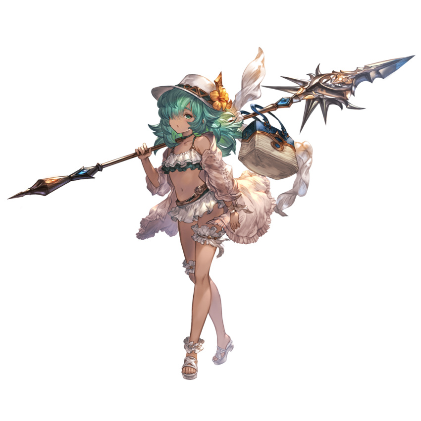 alpha_transparency bag bikini bikini_skirt bridal_garter choker collarbone dark-skinned_female dark_skin female flower full_body granblue_fantasy green_choker green_hair hair_over_one_eye hat hat_flower holding holding_polearm holding_weapon jacket kolulu_(granblue_fantasy) kolulu_(summer)_(granblue_fantasy) long_hair long_sleeves looking_at_viewer minaba_hideo navel official_alternate_costume official_art open_clothes open_jacket over_shoulder polearm sandals solo spear standing swimsuit transparent_background weapon weapon_over_shoulder white_bikini white_footwear white_hat white_jacket yellow_flower