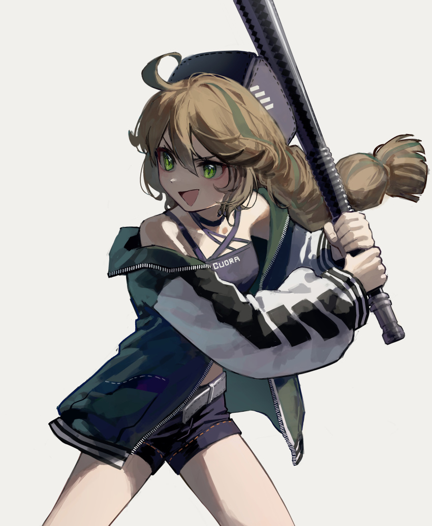 absurdres ahoge arknights bare_shoulders baseball_bat belt black_hat blue_shorts braid brown_hair commentary cuora_(arknights) female green_eyes green_jacket grey_background hat highres holding holding_baseball_bat jacket long_hair long_sleeves off_shoulder open_mouth short_shorts shorts simple_background smile solo twin_braids yoon_cook