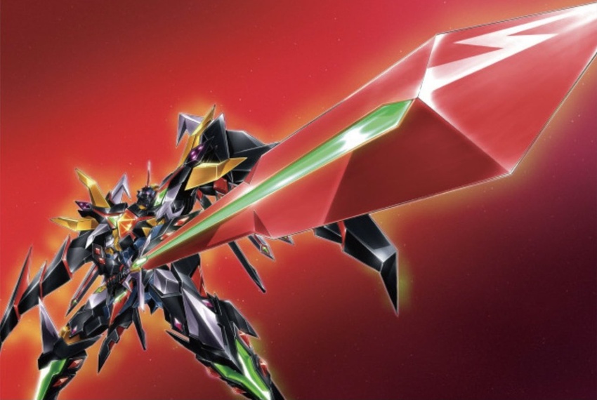 box_art glowing jpeg_artifacts looking_up mecha mechanical_wings no_humans official_art oobari_masami orange_eyes red_background robot science_fiction shurouga_sin solo sunrise_stance super_robot_wars super_robot_wars_z super_robot_wars_z3 textless_version wings