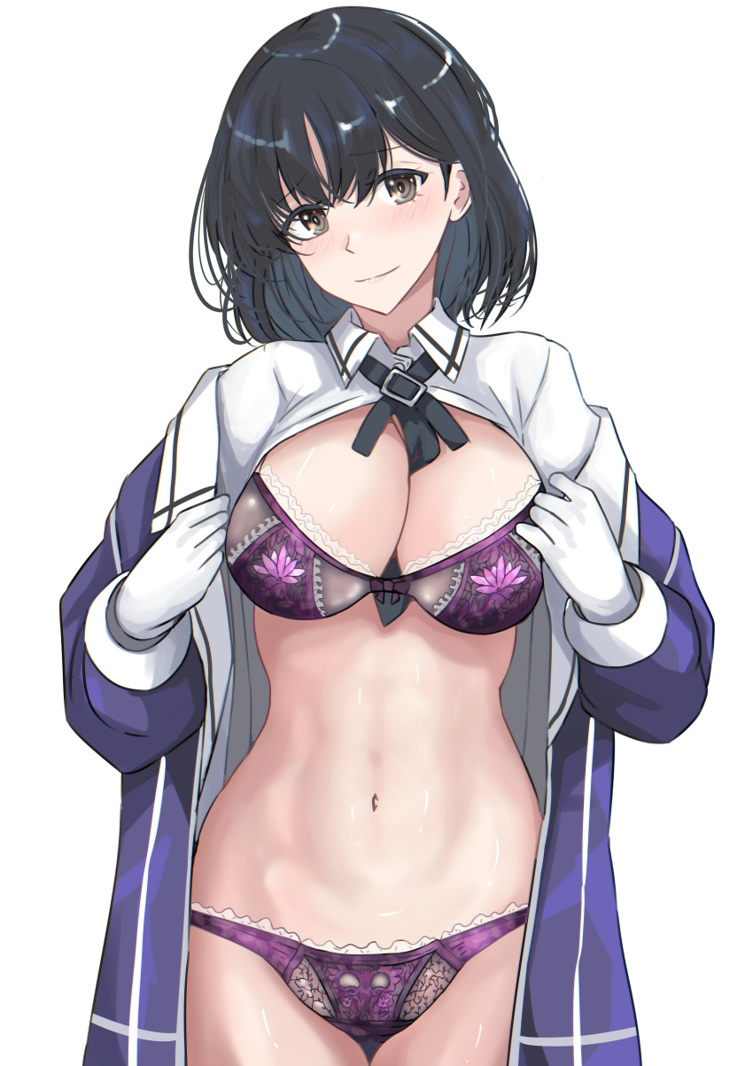 absurdres black_hair bra breasts closed_mouth cowboy_shot female gloves grey_eyes haguro_(kancolle) haguro_kai_ni_(kancolle) highres jacket kantai_collection ken_(shutenndouji1) large_breasts long_sleeves military_uniform navel open_clothes open_jacket open_shirt panties purple_bra purple_jacket purple_panties short_hair simple_background smile solo standing underwear uniform white_background white_gloves