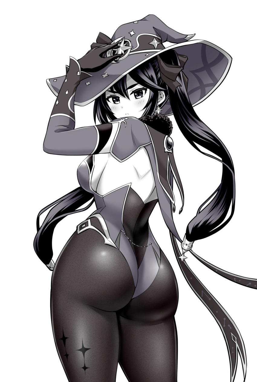 arm_up ass blush bow breasts cape earrings female from_behind fur_trim genshin_impact gloves greyscale hair_ornament hairbow hand_on_headwear hat highres jewelry kanno_takanori large_breasts leotard looking_back mona_(genshin_impact) monochrome pantyhose sideboob simple_background solo twintails white_background witch_hat