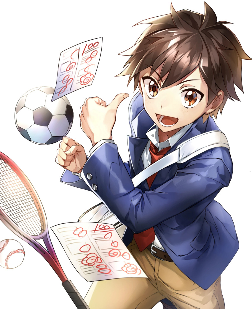 1boy :d absurdres academic_test bag ball baseball belt benesse blue_jacket brown_eyes brown_hair brown_pants clenched_hand dress_shirt hanamaru highres jacket long_sleeves looking_at_viewer male_focus necktie open_mouth original pants racket red_necktie school_bag school_uniform shirt short_hair smile soccer_ball solo tennis_racket test_score thumbs_up wata_(attaka_towel) white_bag white_shirt