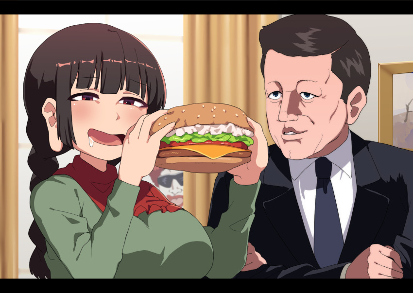 2boys black_jacket black_necktie black_suit blue_necktie blunt_bangs blush braid breasts brown_hair burger cheese clenched_hand collared_shirt commentary_request cookie_(touhou) crossover curtains dress dress_shirt fast_food female food formal fuka_(kantoku) green_dress green_tea_(cookie) highres holding holding_food indoors jacket john_f._kennedy lapels large_breasts letterboxed lettuce long_earlobes long_hair long_sleeves looking_at_another looking_at_food mcdonald's multiple_boys muntins necktie notched_lapels open_mouth parted_lips picture_frame politician real_life red_eyes red_hair red_scarf ronald_mcdonald saliva scarf shirt short_hair single_braid smile suit suit_jacket sunglasses tea teeth tomato touhou twin_braids upper_body very_short_hair white_shirt window yatadera_narumi