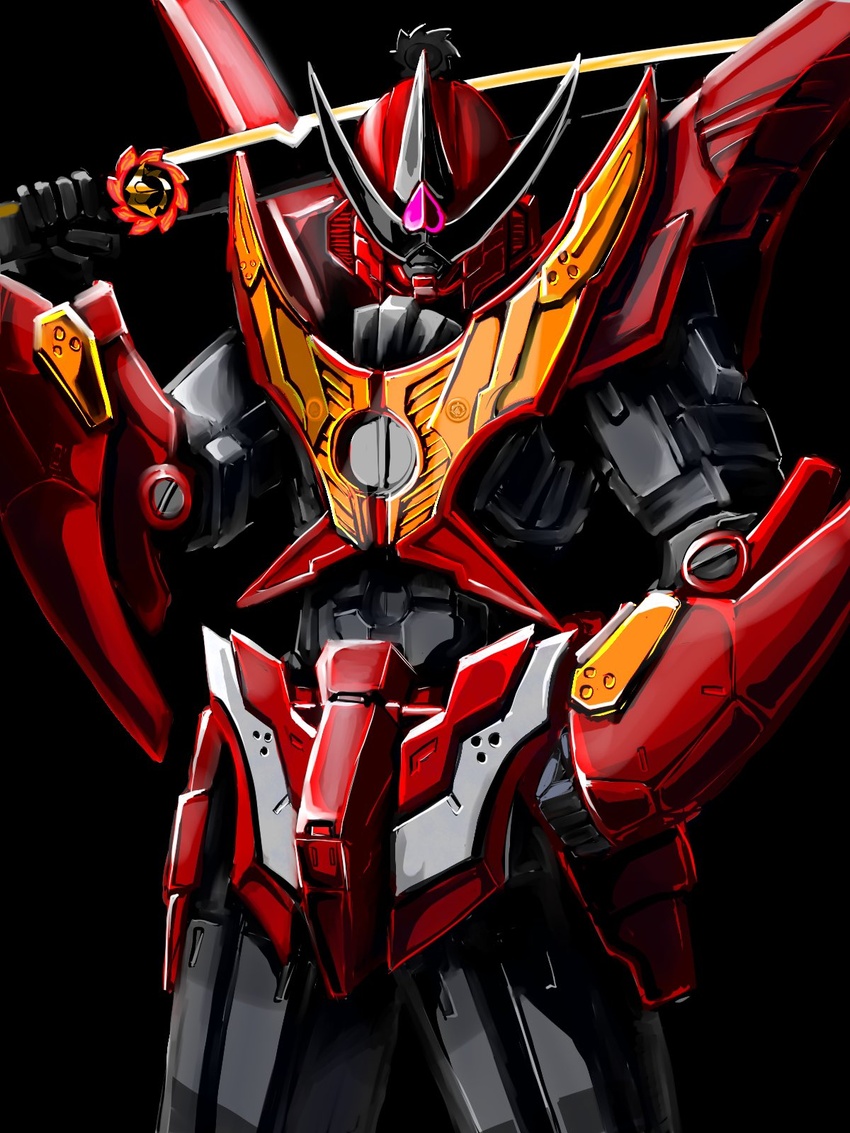 1boy armor assault_visor avataro_sentai_donbrothers commentary_request donguri_kaijin donmomotarou donrobotarou hand_on_own_hip highres looking_at_viewer male_focus mecha no_humans pose power_armor robot science_fiction smoke solo super_sentai sword tokusatsu weapon