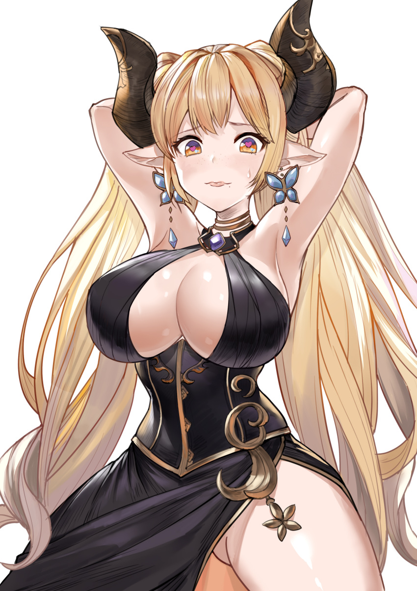 absurdres alba_(granblue_fantasy) armpits bare_shoulders black_dress blonde_hair breasts butterfly_ornament chinese_commentary cleavage commentary corset draph dress earrings female granblue_fantasy heart heart-shaped_pupils highres horns jewelry large_breasts long_hair necklace pointy_ears solo symbol-shaped_pupils unkobako very_long_hair