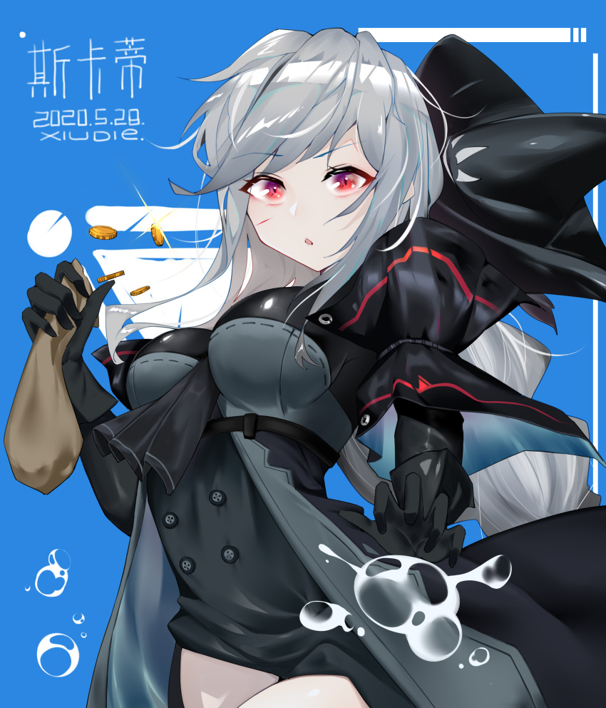 absurdres arknights bag black_gloves coin female gloves grey_hair highres holding holding_bag jacket long_hair ponytail red_eyes scar scar_on_face skadi_(arknights) skadi_(elite_ii)_(arknights) solo xiudie