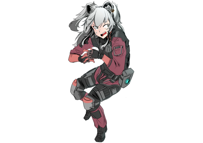 absurdres animal_ear_fluff animal_ears bad_id bad_pixiv_id commentary_request cosplay female fingerless_gloves floating gawuiiiaguiii gloves grey_eyes grey_hair highres hololive jack_cooper jack_cooper_(cosplay) lion_ears lion_girl long_hair oerba_yun_fang open_mouth own_hands_together red_gloves scared shishiro_botan solo titanfall_(series) titanfall_2 transparent_background two_side_up virtual_youtuber