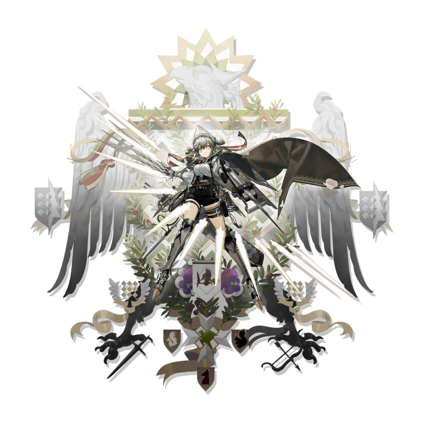 arknights armor black_shorts breasts crossbow elite_ii_(arknights) fartooth_(arknights) female full_body greaves grey_hair highres holding holding_weapon limbless_crossbow long_sleeves looking_at_viewer medium_breasts norizc official_art pouch shirt short_hair short_shorts shorts solo standing thigh_strap thighs transparent_background weapon white_shirt yellow_eyes