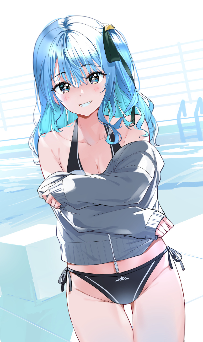 absurdres bare_shoulders bikini bikini_under_clothes black_bikini black_ribbon blue_eyes blue_hair blush breasts cleavage collarbone female grey_sweater grin hair_between_eyes hair_ornament hair_ribbon halterneck highres hololive hoshimachi_suisei long_hair long_sleeves looking_at_viewer no_pants nonbire official_alternate_hair_length official_alternate_hairstyle one_side_up parted_lips pool ribbon side-tie_bikini_bottom smile solo standing star-shaped_pupils star_(symbol) sweater swimsuit symbol-shaped_pupils thigh_gap virtual_youtuber zipper