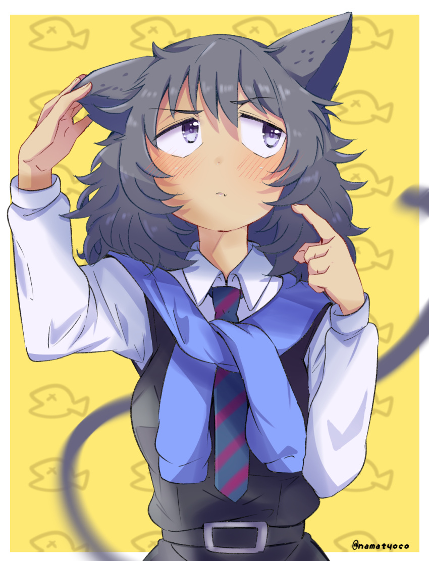 andou_(girls_und_panzer) animal_ears animal_print bc_freedom_school_uniform black_dress black_hair blue_necktie blue_sweater blush border brown_eyes cat_ears cat_girl cat_tail closed_mouth commentary dark-skinned_female dark_skin diagonal-striped_clothes diagonal-striped_necktie dress dress_shirt female finger_to_face fish_print frown girls_und_panzer hand_on_own_ear highres kemonomimi_mode long_sleeves looking_away medium_hair messy_hair namatyoco necktie oerba_yun_fang pinafore_dress school_uniform shirt sleeveless sleeveless_dress solo standing striped_clothes striped_necktie sweater sweater_around_neck tail twitter_username white_border white_shirt wing_collar yellow_background