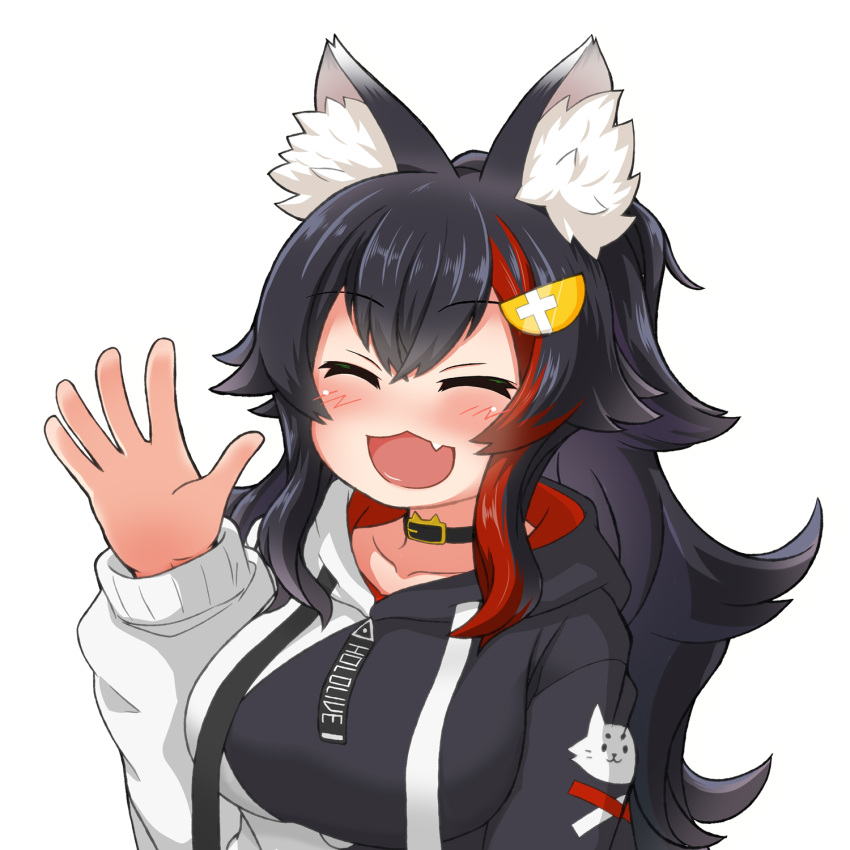 animal_collar animal_ear_fluff animal_ears ashiga_oreta black_hair black_hoodie blush closed_eyes collar female flipped_hair hair_between_eyes hair_flaps hair_ornament hairclip highres hololive hood hoodie long_hair long_sleeves multicolored_hair oerba_yun_fang official_alternate_costume ookami_mio ookami_mio_(casual) open_mouth ponytail red_hair simple_background skin_fang solo streaked_hair two-tone_hoodie upper_body very_long_hair virtual_youtuber waving white_background white_hoodie wolf_ears wolf_girl