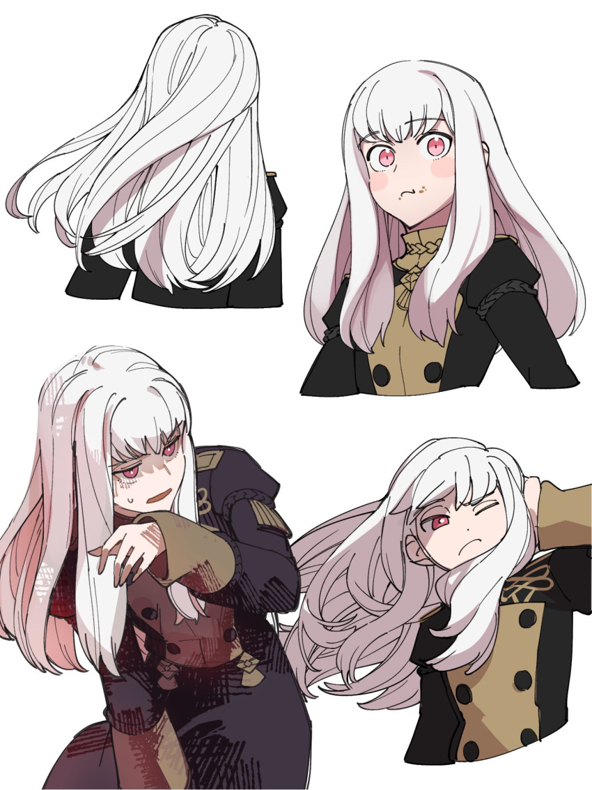 blush_stickers commentary_request female fire_emblem fire_emblem:_three_houses food food_on_face from_behind frown highres long_hair looking_at_viewer lysithea_von_ordelia multiple_views one_eye_closed pink_eyes shaded_face shishima_eichi simple_background sweatdrop upper_body white_background white_hair